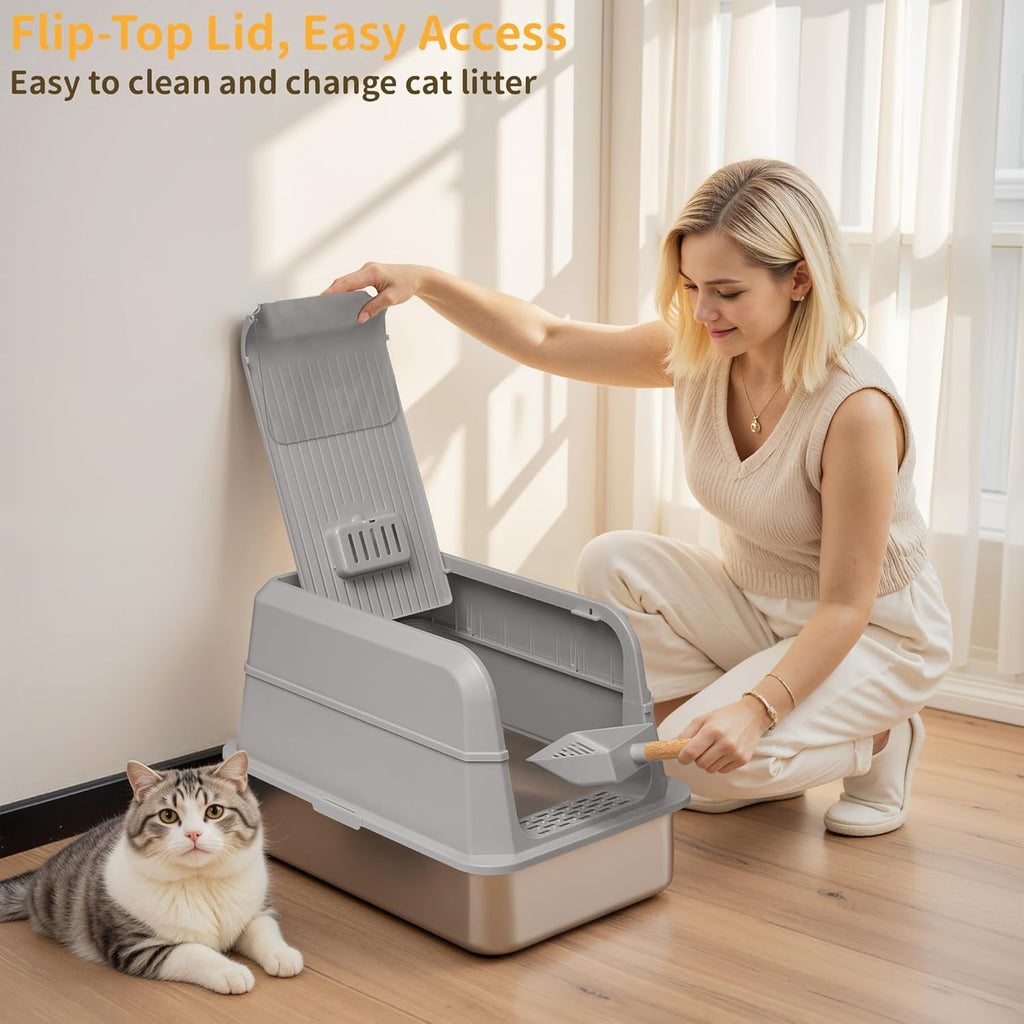 Stainless Steel Litter Box with Lid, XL Extra Large Cat Litter Box, Enclosed Metal Litter Pan with High Sided Enclosure & Scoop, Anti Leakage, Easy to Clean, Odor Control(Grey)