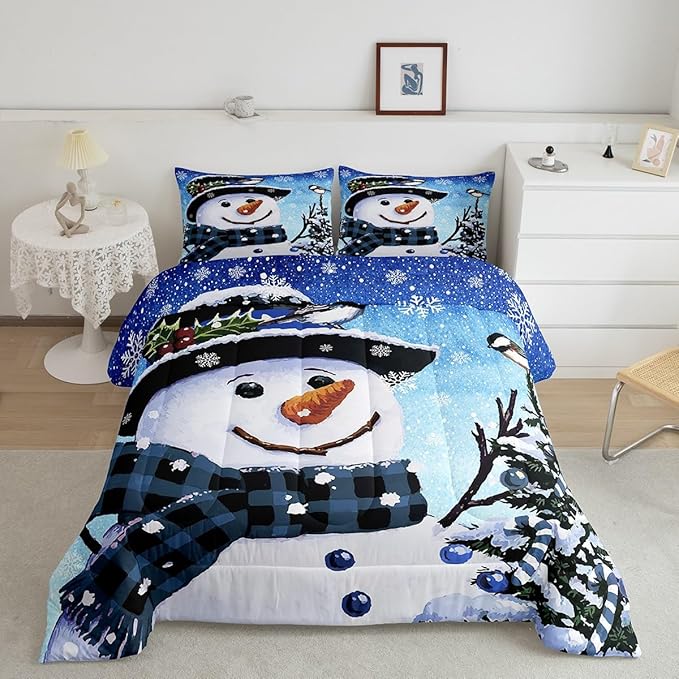 Feelyou Kids Christmas Theme Decorations Bedding Set Xmas Snowman Comforter Set for Boys Girls Snowflake Kawaii Cute Gradient Blue Bedroom Collection Full Size