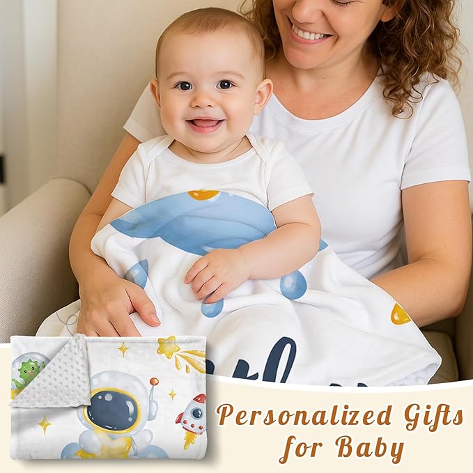 Personalized Baby Blanket with Name, Custom Space Astronaut Theme Blanket for Kids, Soft Flannel Bed Throw Blanket Swaddle for Newborn, Customizable Baby Gift & Nursery Blanket(30”x40)