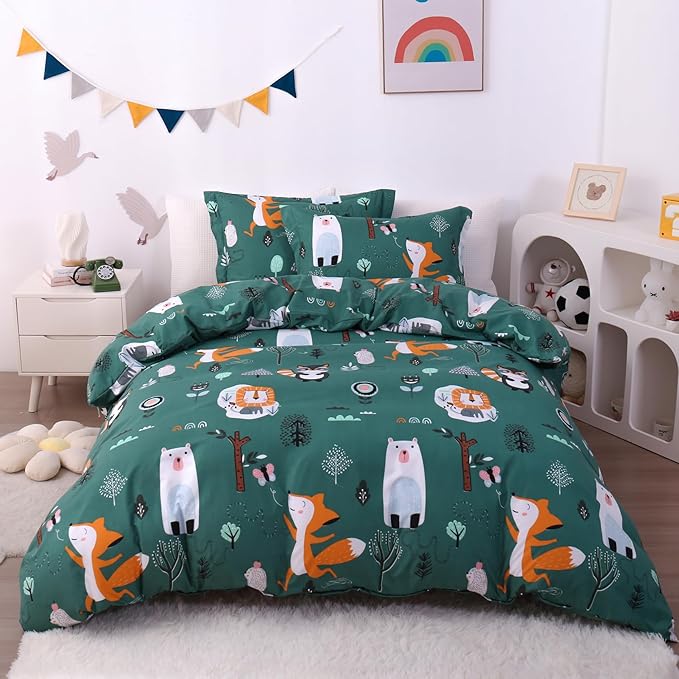 JSD Green Forest Animal Kids Duvet Cover Set Full Size, 3 Piece Soft Printed Microfiber Comforter Cover with Pillow Sham Zipper Closure, Comforter Not Included