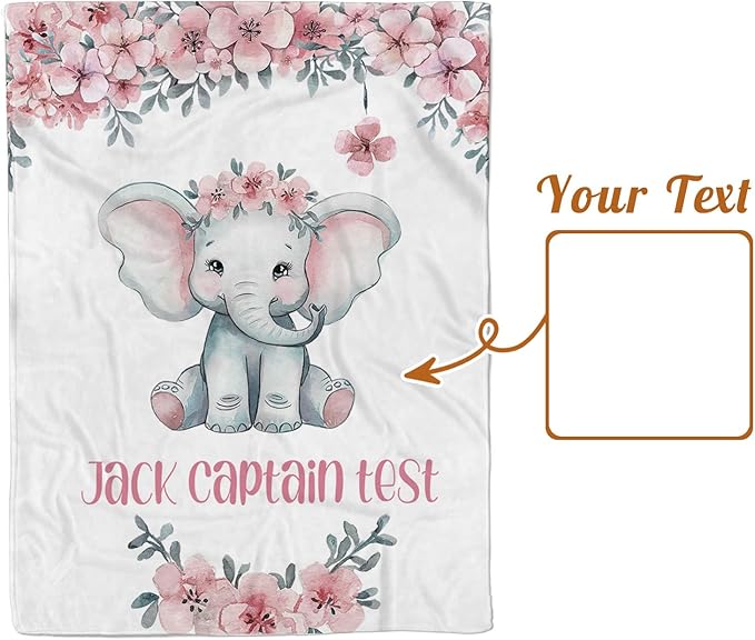 Personalized Baby Blankets for Girls Boys, Custom Elephant Baby Blanket with Name for Kids, Flannel Bed Throw Blanket for Newborn, Customized Baby Gifts for Baby Shower Nursery Blanket(30”x40)