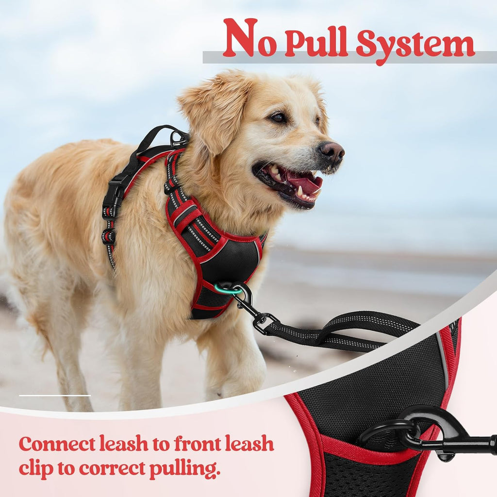 rabbitgoo Dog Harness No Pull with 2 Leash Clips, Adjustable Soft Padded, Reflective Oxford No Choke Pet Vest with Easy Control Handle for Large Dogs, Black & Red, XL