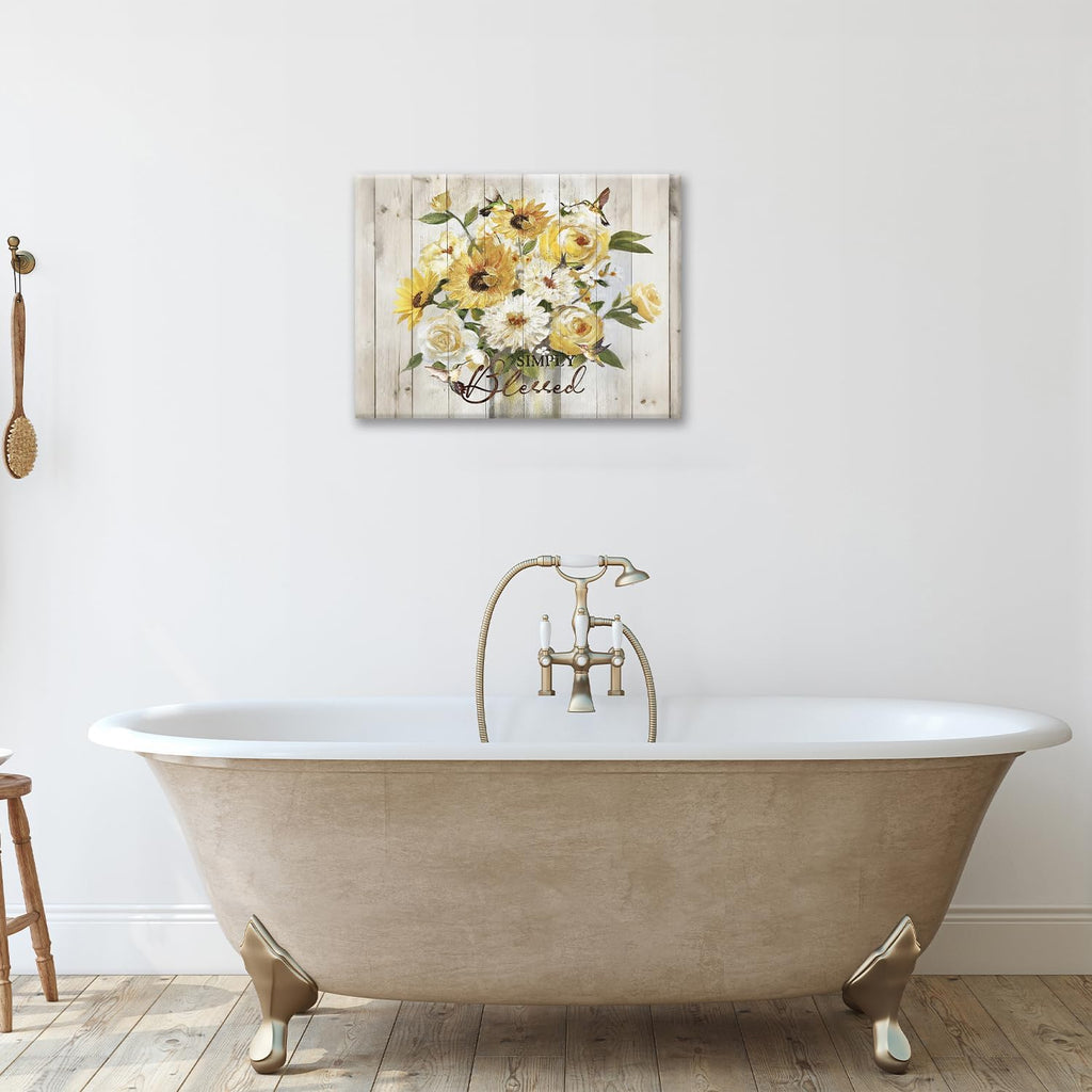 Sunflower Bathroom Pictures Wall Art, Simple Blessed Floral Bathroom Wall Decor, Flower Framed Painting Canvas Artwork for Bedroom Living Room Decorations 20"L x 16"W
