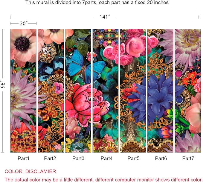 3D Floral Wallpaper Vivid Multicolor Wall Mural for Living Room Bedroom TV Background (Not Peel n' Stick)