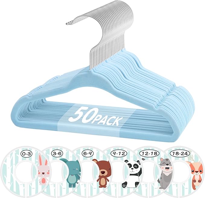 VIS'V Baby Hangers, 11 Inch Velvet Kids Hangers with 6 Pcs Clothes Size Dividers, Infant Toddler Nursery Closet Organization, Non Slip, Blue, 50 Pcs