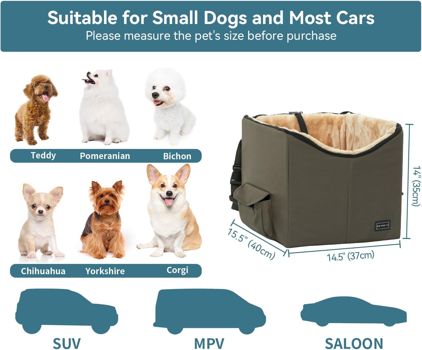 Petsfit Dog/Cat Booster Seat with Pockets, small dog car seat for Cars, Trucks and SUVs (Small, Dark Brown)
