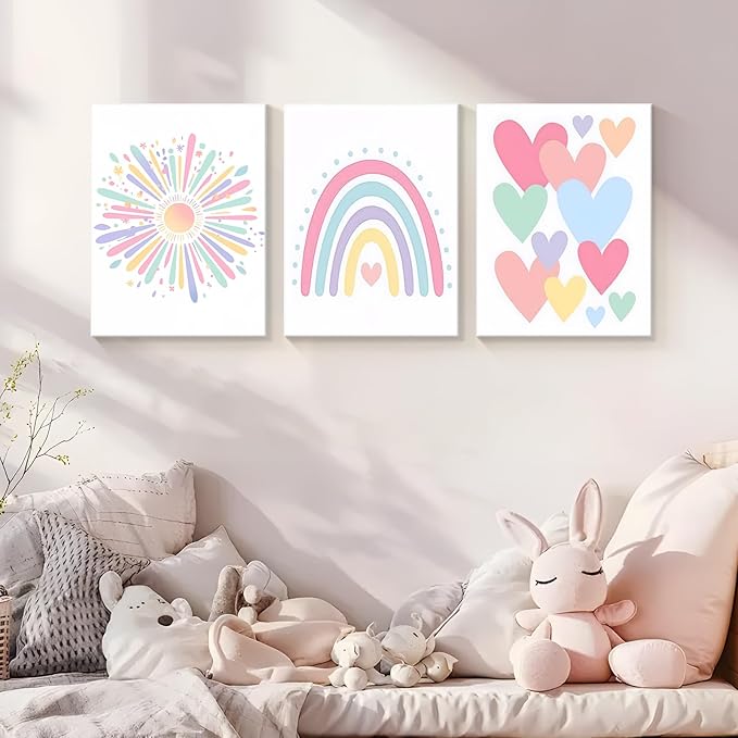 Dytial 3 Piece Toddler Girl Room Decor, Rainbow Wall Decor for Girls Bedroom, Colorful Boho Sunshine Paintings for Nursery Decor, Kids Room Wall Decor, Classroom Decoration 16x24 Inch