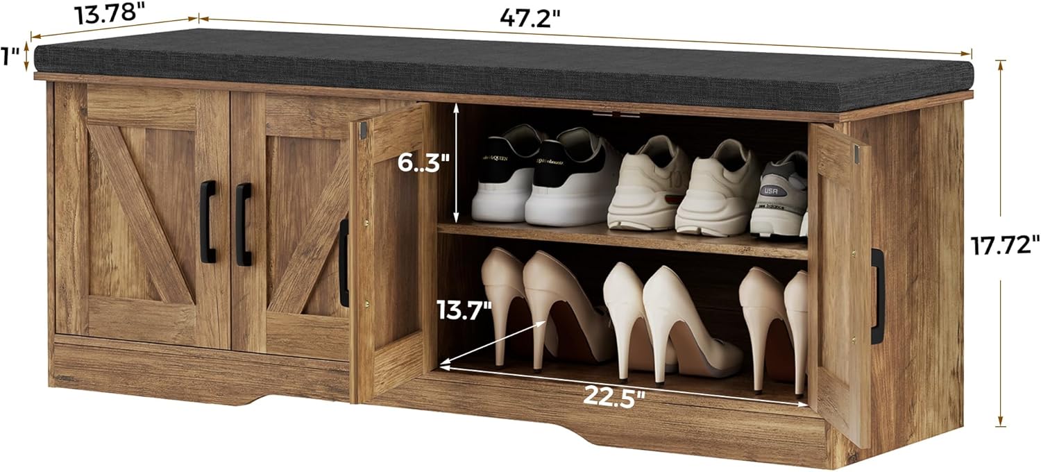 2-Tier Storage Bench, Shoe Bench with Padded Seat Cushion, Entryway Bench with 4 Barn Doors, Adjustable Shelf, 13.8" D x 47.2" W x 17.7" H, for Entryway, Living Room, Bedroom, Rustic Walnut