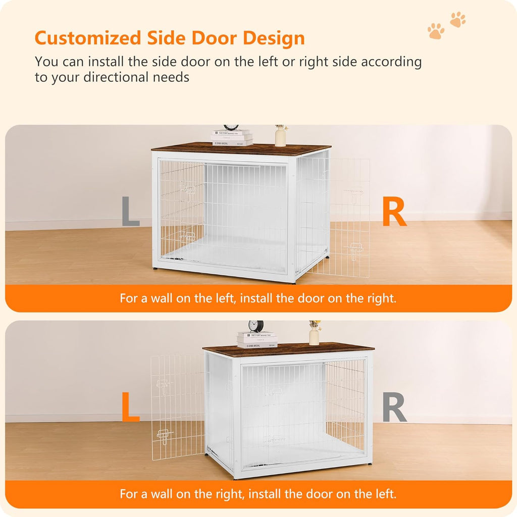 DWANTON Dog Crate Furniture with Cushion, Wooden Kennel Table with Double Doors, Indoor Dog House, Extra Large Size, 43.3" L, White+Rustic Brown