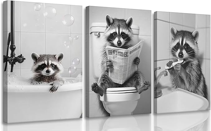 Funny Raccoon Bathroom Canvas Wall Art set of 3 Black and White Cute Raccoon Sitting on Toilet Poster Print Artwork Humor Adorable Animals Pictures Wall Decor for Washroom Restroom laundry 16x24in