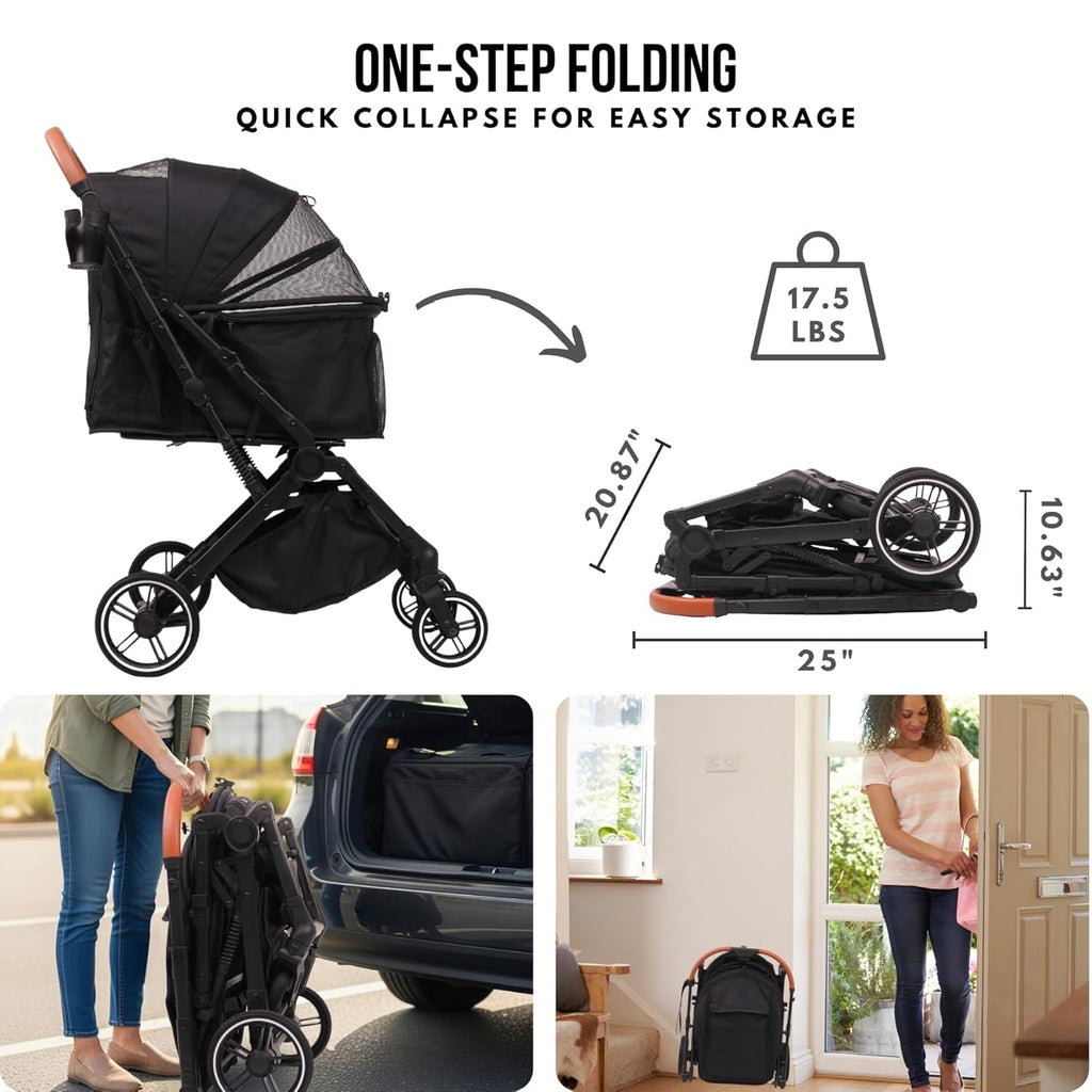 Pet Stroller for Small Medium Dogs Cats Up to 45 lbs, Travel Lite Collapsible, All Terrain 4 Wheels for Jogging, Running, Grey