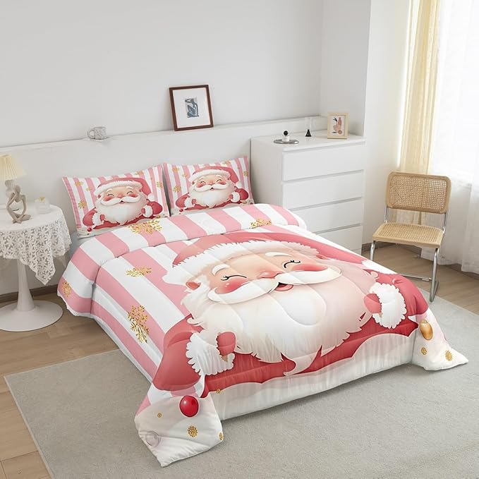 Feelyou Merry Christmas Decorations Full Size Comforter Set Santa Claus Bedding Set Pink Quilt Set Soft Warm Lightweight Duvet Set