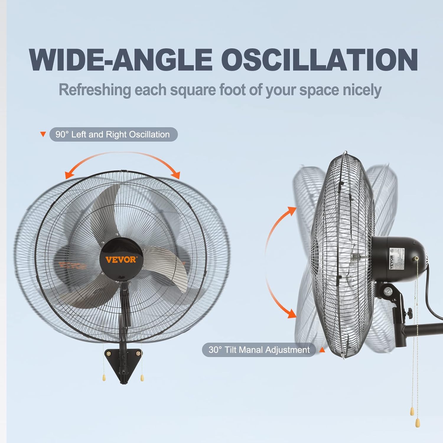 VEVOR 20 inch Wall Mount Fan Oscillating, 3-speed High Velocity Max. 4650 CFM Industrial Wall Fan for Indoor, Commercial, Residential, Warehouse, Greenhouse, Workshop, Basement, Black, ETL Listed