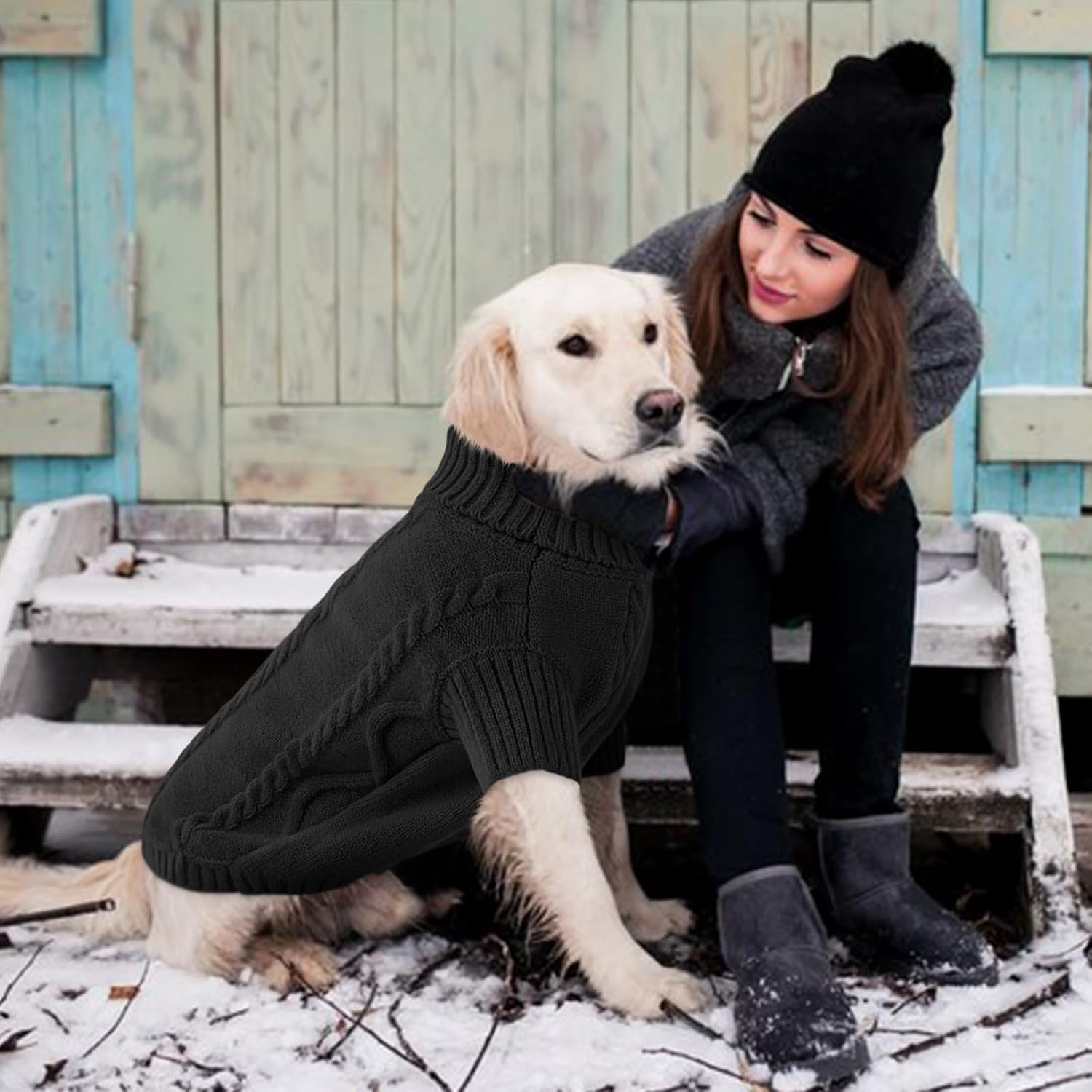 Queenmore Small Dog Pullover Sweater, Cold Weather Cable Knitwear, Classic Turtleneck Thick Warm Clothes for Chihuahua, Bulldog, Dachshund, Pug (Black, Large)