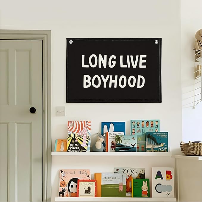 Lacama Long Live Boyhood Banner,Boy Nursery Decor,Black Canvas Banner Wall Hanging Banner Flag Decor for Nursery Playroom Toddler Room, Boys Kids Room Decor 30x20 Inch