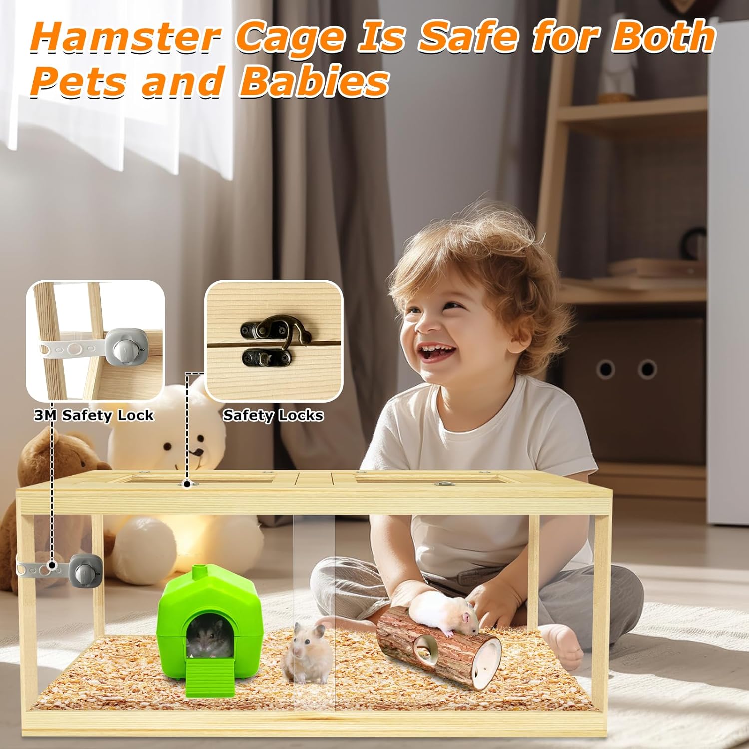 Large Hamster Cage 48", Front Opening Lockable Sliding Door Gerbil Cage, Dwarf Hamster Cage with Metal Mesh Roof, Chewproof Syrian Hamster Habitat Enclosure, (Wooden, 48" L x 20" W x 20" H)