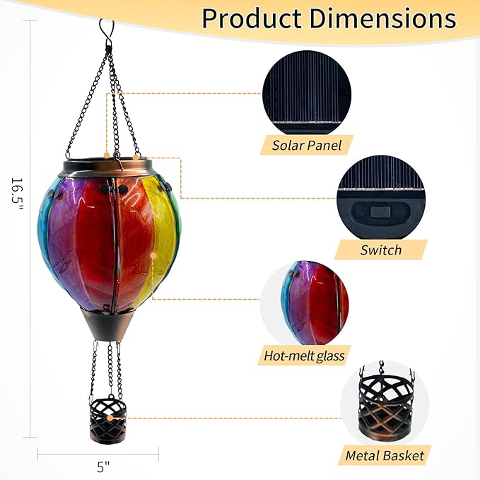 Glass Solar Hot Air Balloon Lantern with Flame Hanging Garden Flickering Light Outdoor Waterproof for Yard Patio Tree Mother's Day Gift, Colorful