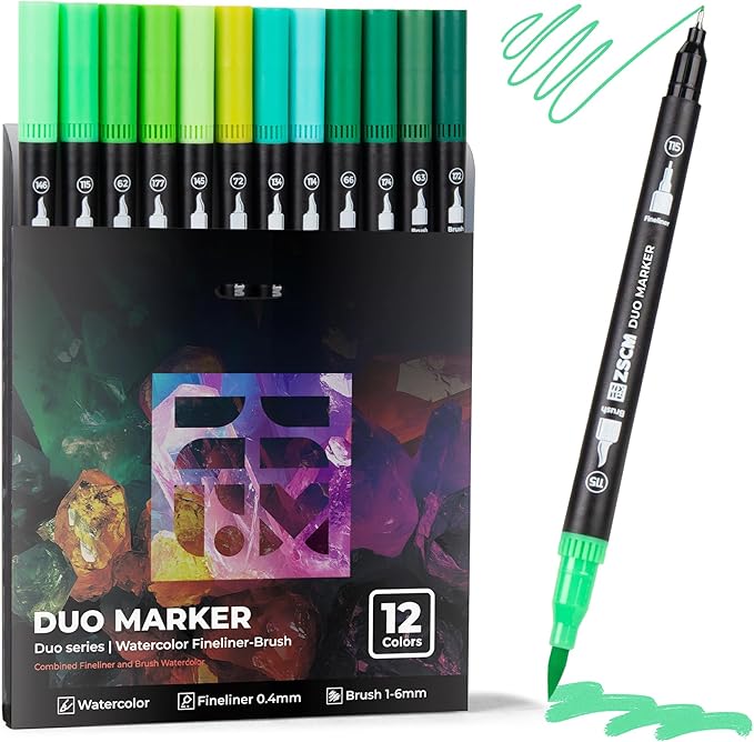 Green Duo Tip Marker Pens, 12 Pack Fine & Brush Markers for Adult Coloring Books No Bleeding, Nature Green Markers for Foliage, Landscape Drawings, Botanical Illustrations and Eco Designs
