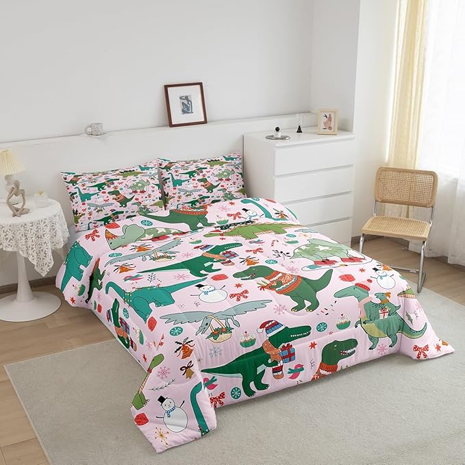 Feelyou Christmas Pink Comforter Set Queen Size for Kids Boys Girls Cartoon Xmas Dinosaur Bedding Set Snowman New Year Decorations Bedroom Quilt Set