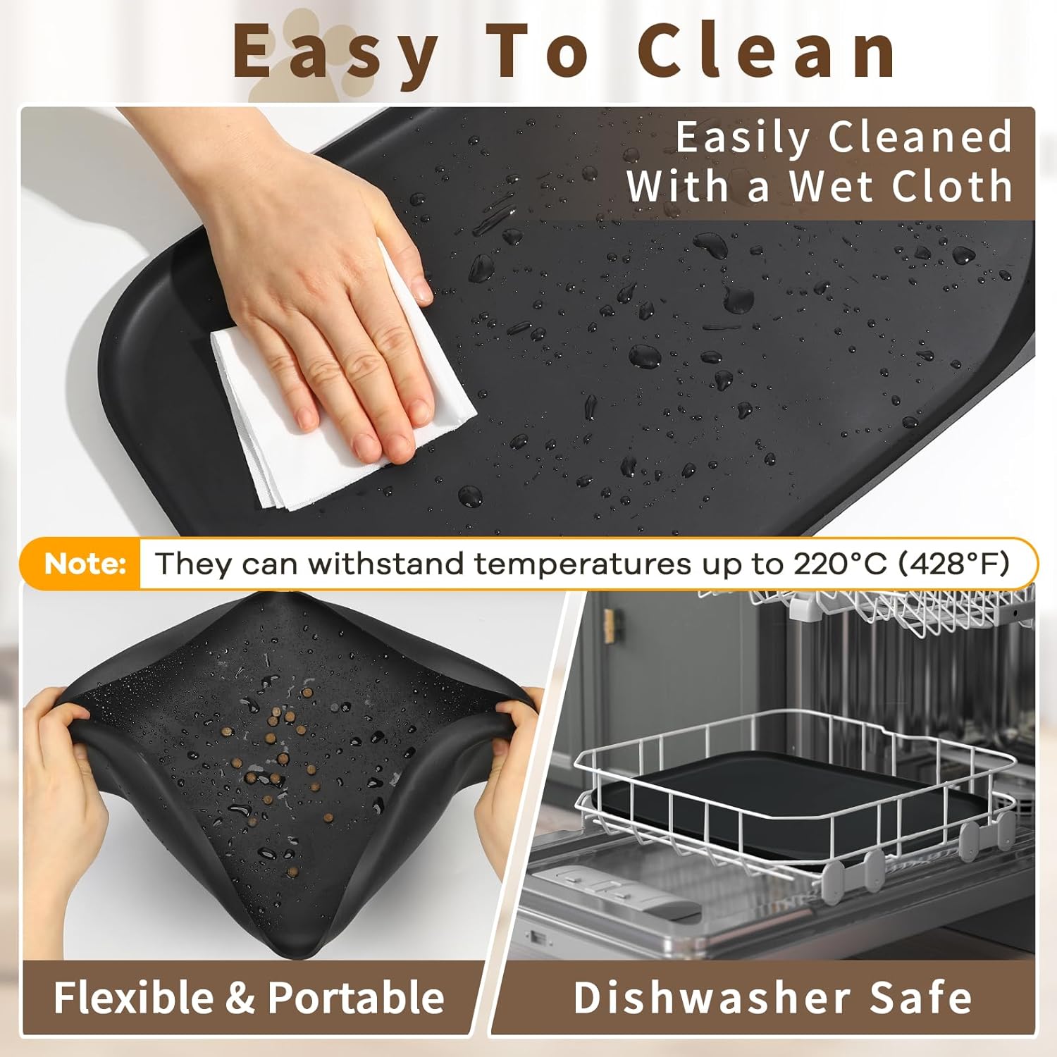 Silicone Pet Feeding Mat with Raised Edge & Residue Collection Pocket for Food and Water, Dog Bowl Mats, Cat Bowls Placemat with High Lip for Floor Waterproof, 24 x 16 x 0.8 Black