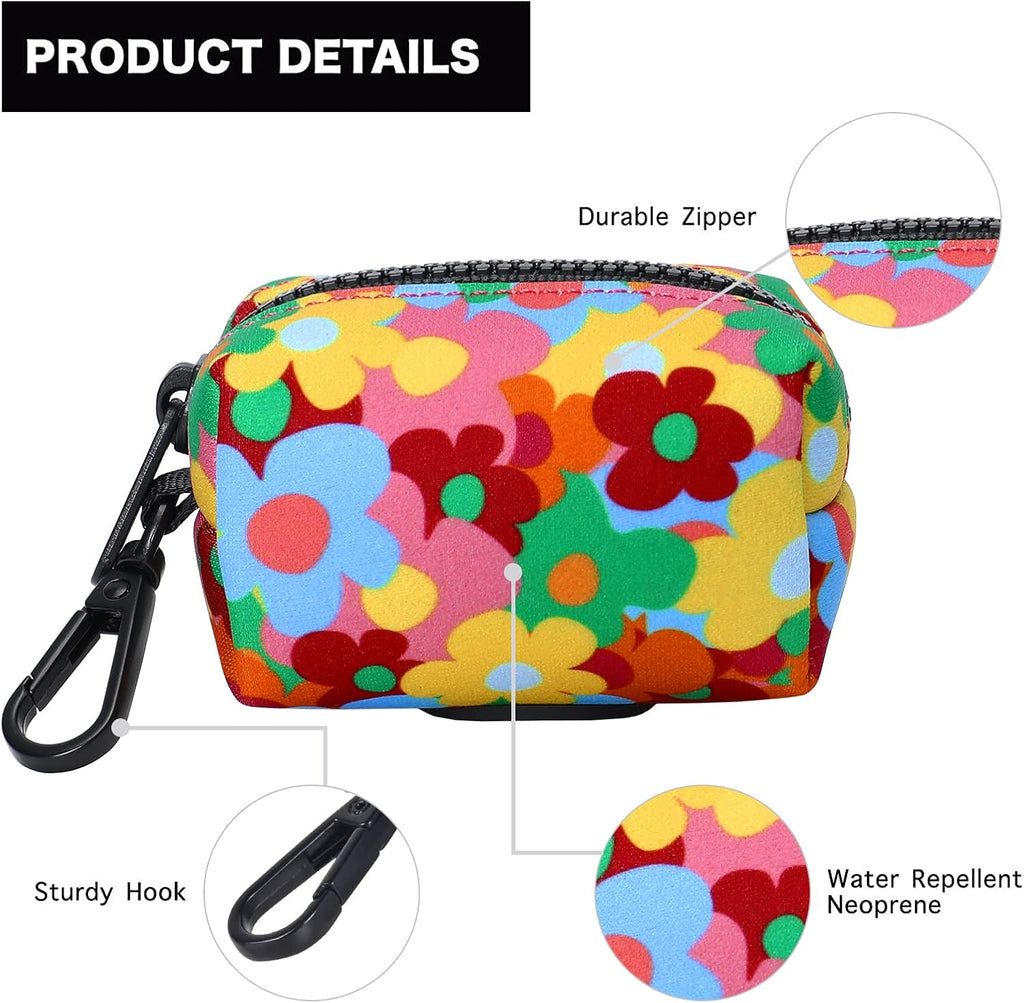 Petmolico Dog Poop Bag Holder Leash Attachment, Pet Waste Bag Dispenser Zippered Pouch, Fits Any Leash, Includes Free Roll of Dog Bags, Poop Bag Dispenser - 2 Pack, Colorful Flowers