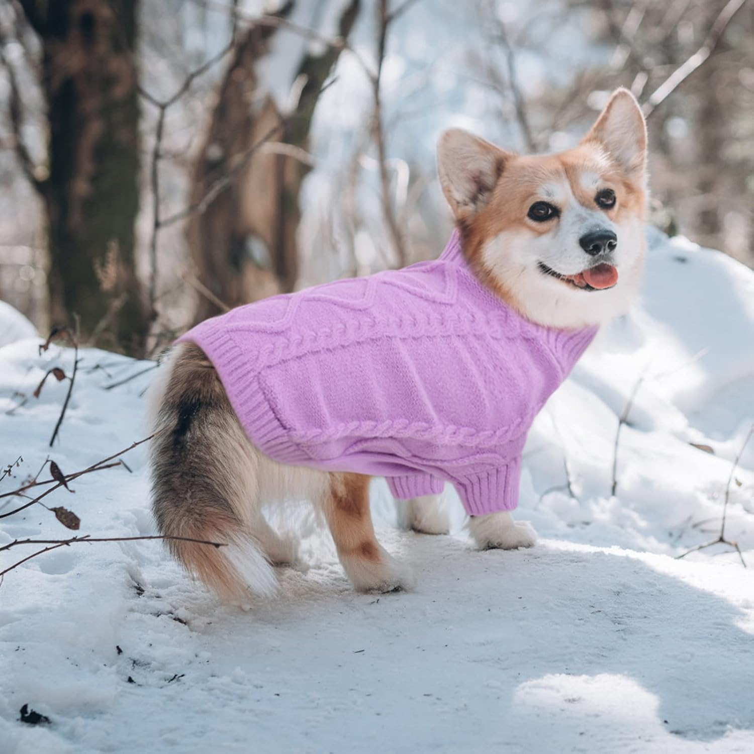 Queenmore Small Dog Pullover Sweater, Cold Weather Cable Knitwear, Classic Turtleneck Thick Warm Clothes for Chihuahua, Bulldog, Dachshund, Pug (Lilac, Small)