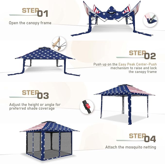 EAGLE PEAK 13x13 Pop Up Gazebo with Mesh Netting, Easy Up Screened Canopy for Patio and Backyard, Easy Set up Outdoor Gazebo (American Flag)