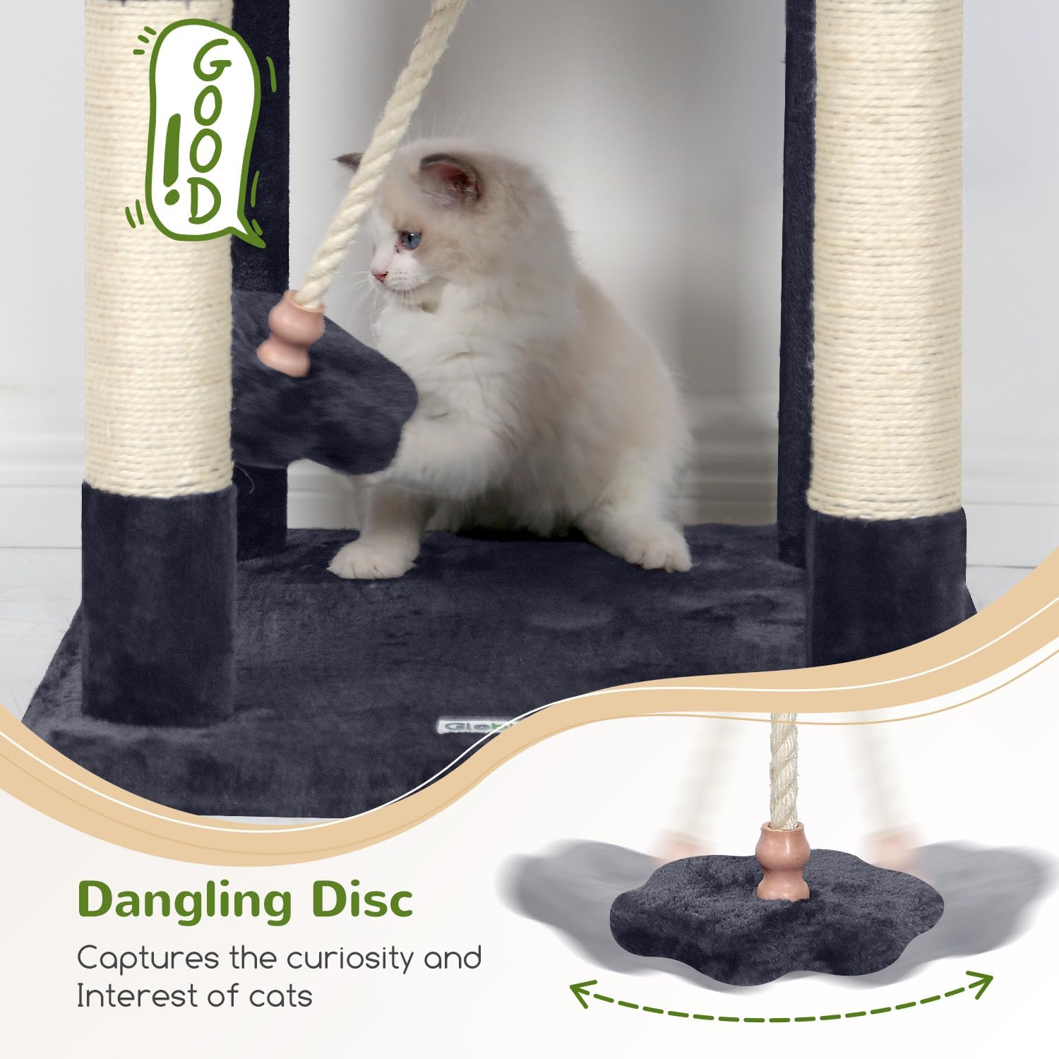 Globlazer Cat Tree, 70 inch Tall Scratching Tower Multi-Level Cat Condo for Indoor Multiple Cats with 2 Large Cat Caves, Top Perch, Large Platform, Bottom Swing, F70B, Dark Grey