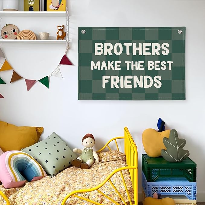 Brothers Make The Best Friends Banner, Boys Room Decor, Toddler Boy Linen Banner Wall Hanging Flag Decor for Nursery 20x30 - Checked Green