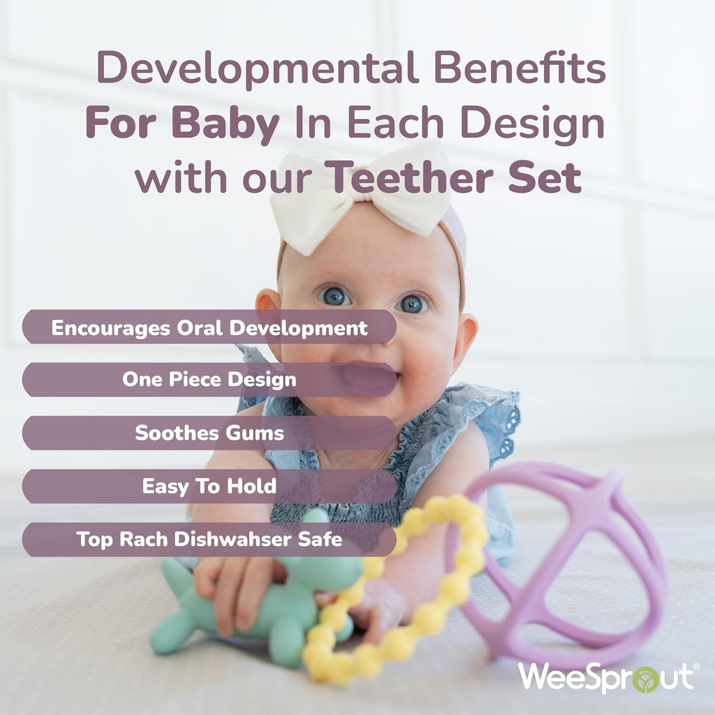 WeeSprout Silicone Baby Teether Toys for Infant Babies and Toddlers, Cute Ring, Puppy Dog, and Ball, Soft and Flexible, BPA Free, Boys and Girls (Bright Green, Purple & Blue)