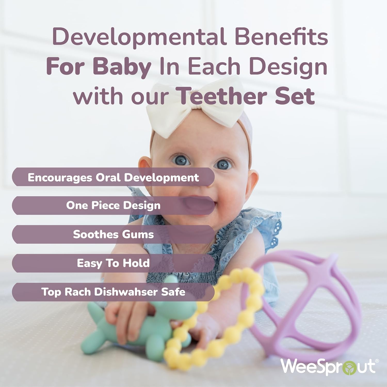 WeeSprout Silicone Baby Teether Toys for Infant Babies and Toddlers, Cute Ring, Puppy Dog, and Ball, Soft and Flexible, BPA Free, Boys and Girls (Bright Green, Purple & Blue)
