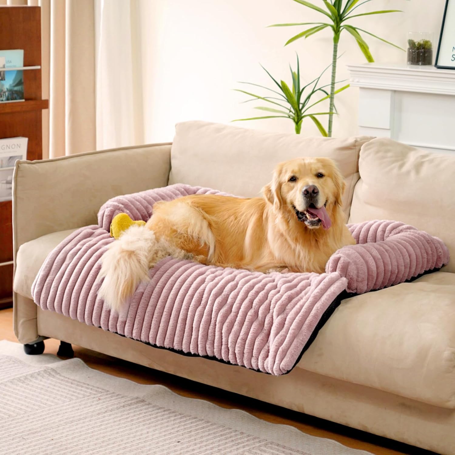 FUNNY FUZZY Pet Couch Cover for Sofa, Calming Dog Bed for Couch, Fluffy Plush Dog Couch Mat for Furniture Protector for Large Medium Small Pets, 47×37 in, Pink