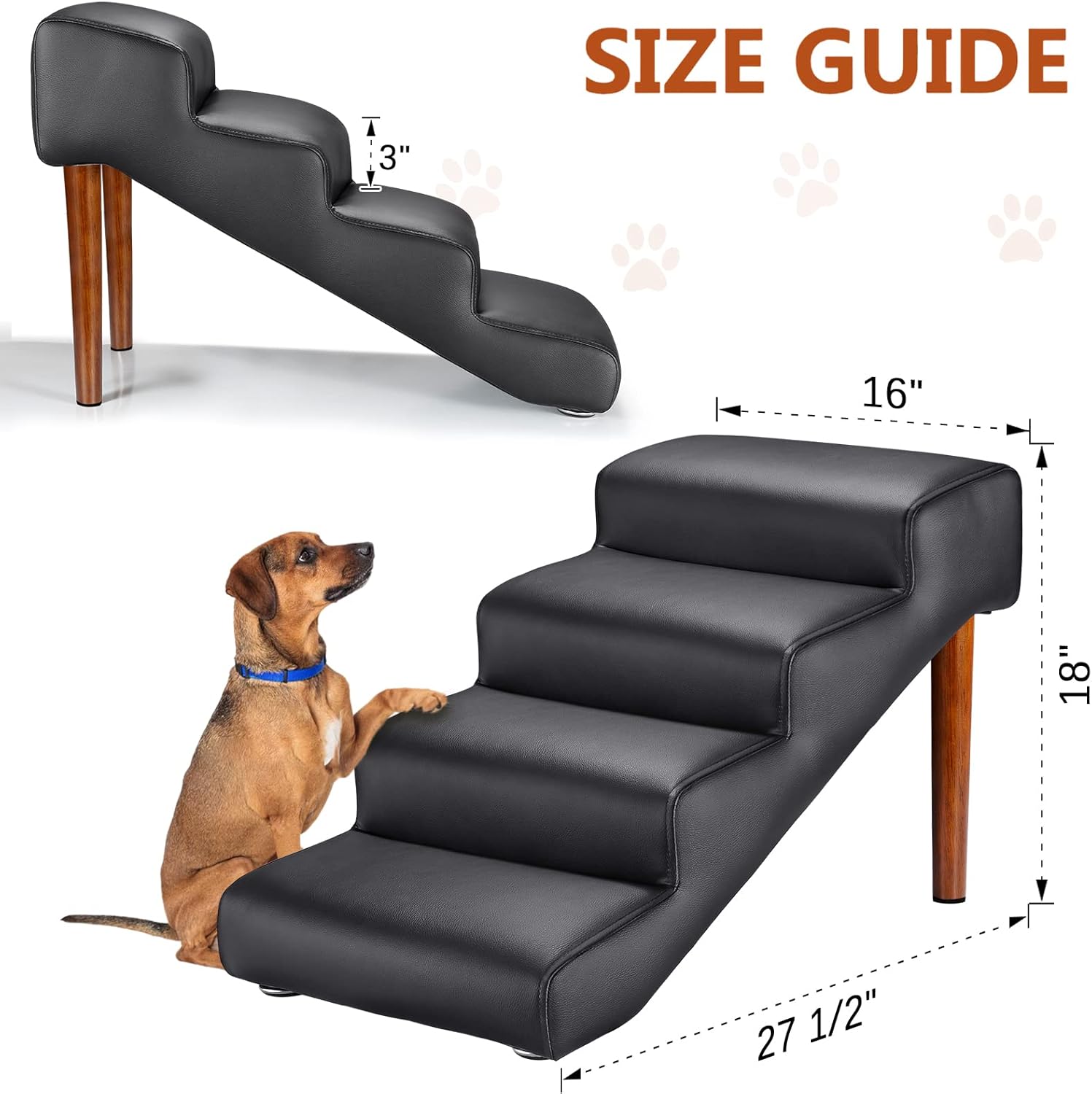 Senneny Black Faux Leather Dog Stairs, for Pets up to 150 lbs, Waterproof, Scratch Resistant Pet Steps/Stairs with High Density Foam and Detachable Wooden Legs, Black, 4 Step