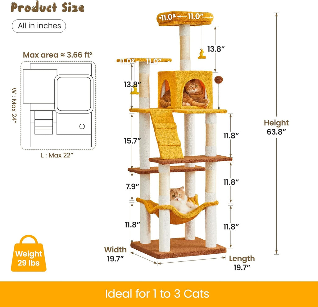 MWPO Cat Tree, 63.8-Inch Cat Tower for Indoor Cats, Multi-Level Cat Condo with 5 Scratching Posts, 2 Perches, Hammock, Dangling Toys, Yellow