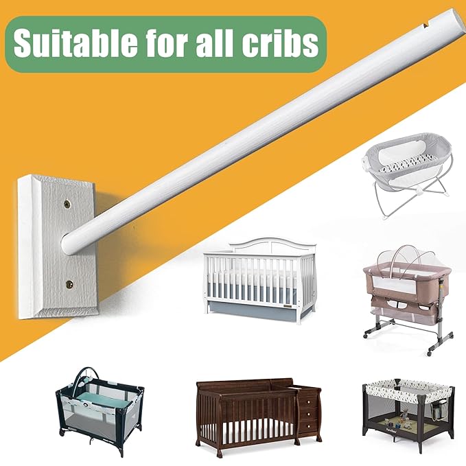 Mobile Wooden Arm, Wall Mounted Suitable for All Cribs 100% Natural Larch Hanger Nusery Decor Baby Room Safe Holder (White)