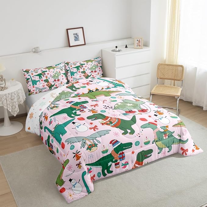 Feelyou Christmas Pink Comforter Set Queen Size for Kids Boys Girls Cartoon Xmas Dinosaur Bedding Set Snowman New Year Decorations Bedroom Quilt Set