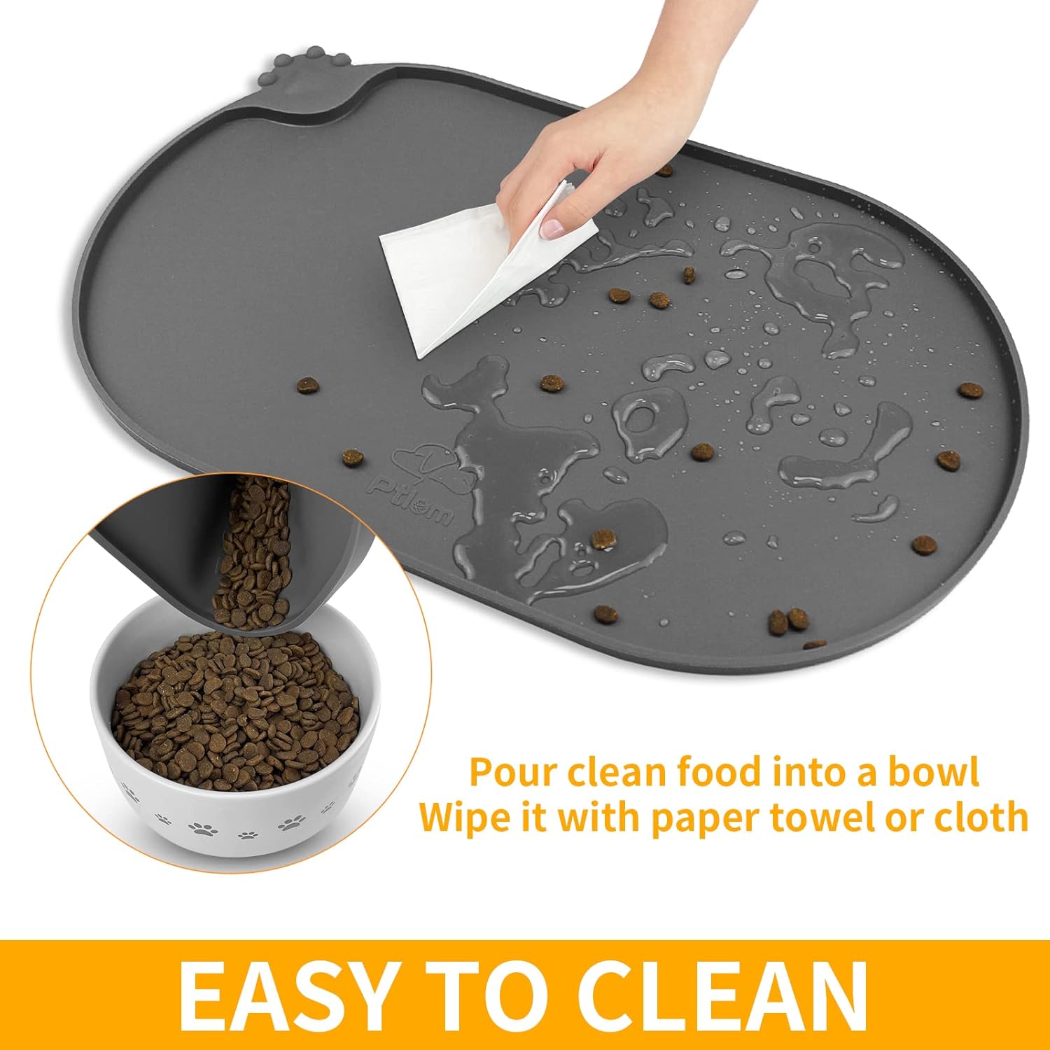 KPWACD Pet Placemat for Dog and Cat, Waterproof Silicone Dogs Feeding Bowl Mat Prevent Food and Water Overflow, High-Lips Puppy Dish Mats Suitable for Small Medium Big Pets, Grey, 24" * 16"