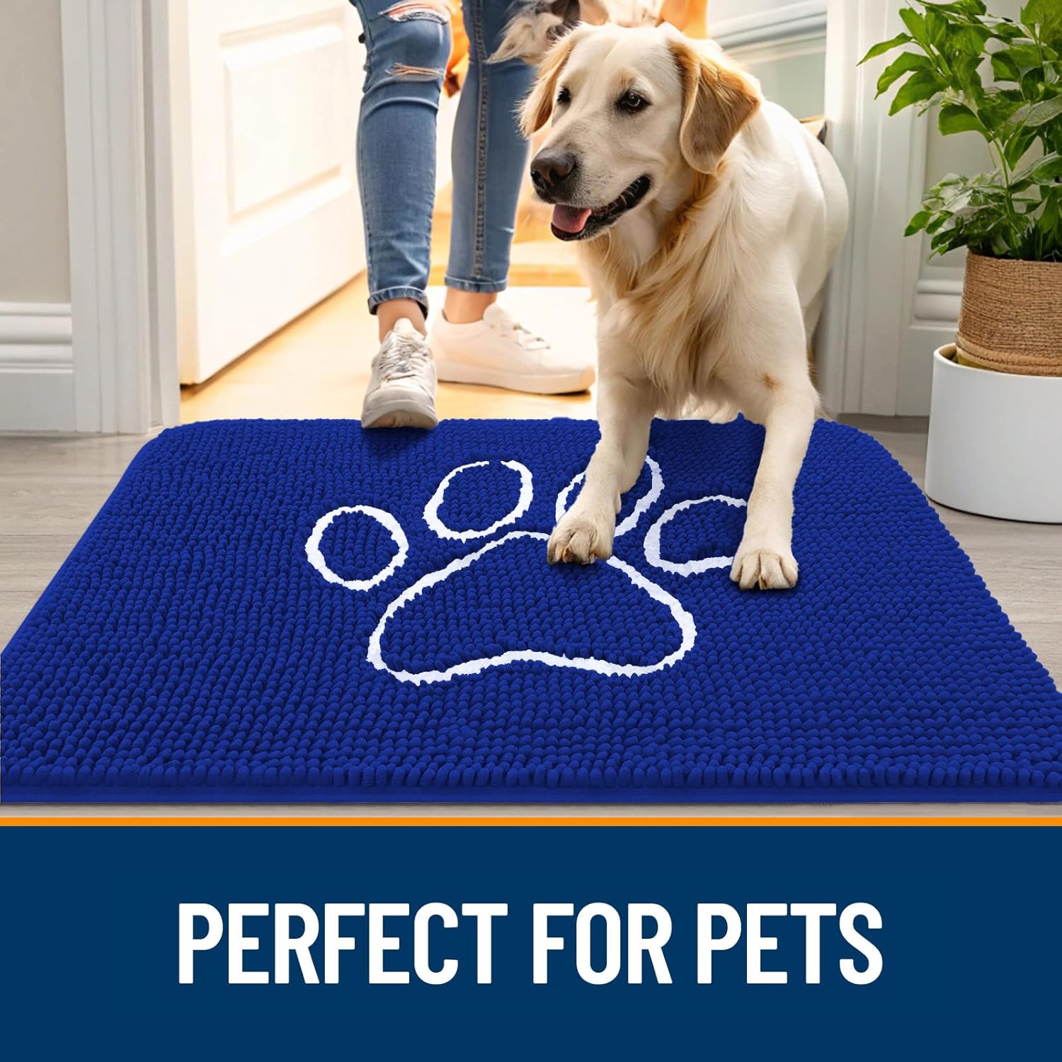 OLANLY Door Mat for Muddy Dog Paws 30x20, Ultra Absorbent Chenille Mud Doormat with Paw Print Design, Non-Slip Washable Doormat for Indoor Entryway, Quick-Dry Pet Bed Mats for Dirty Dogs, Royal Blue