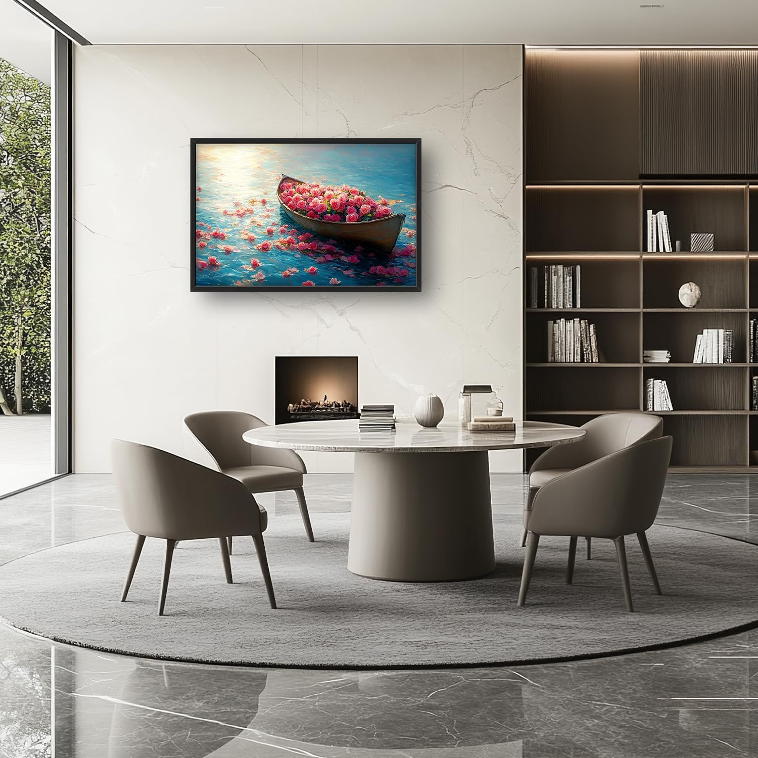 Large Lake Floral Landscape Wall Art for Living Room, Nature Boat Flower Canvas Oversized Wall Decor, Rose Scenery Framed Pictures Painting Print Artwork for Bedroom Office 36L" x 24W"