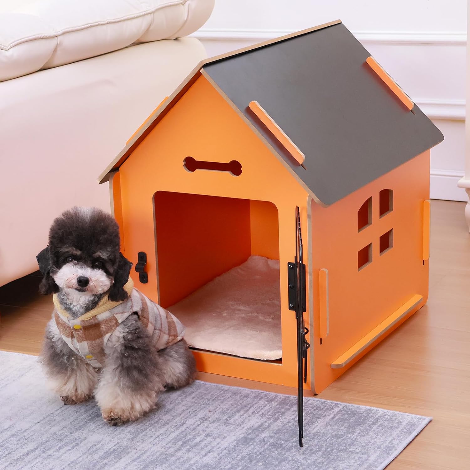 Dog House Indoor for Small Dogs or Cats, Cozy Wooden Design, Small Indoor Bed House, with Air Vents and Elevated Floor Warm Dog Cave (Orange)