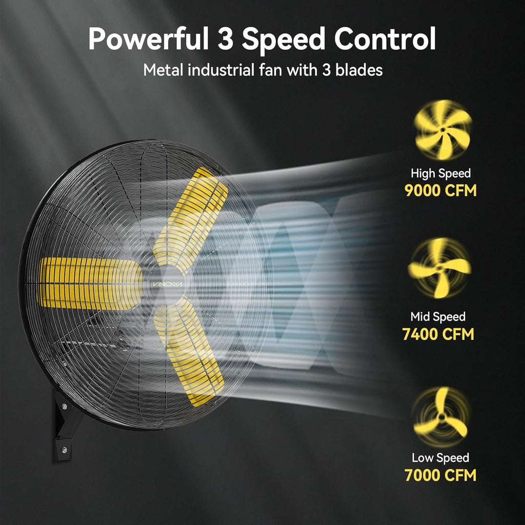 24 Inch Industrial Wall Fan Oscillating, 7800 CFM Commercial Metal Wall Mount Fans with Poweful Motor, 3 Speed, Heavy Duty Indoor for Warehouse, Workshops, and Garage, UL Listed