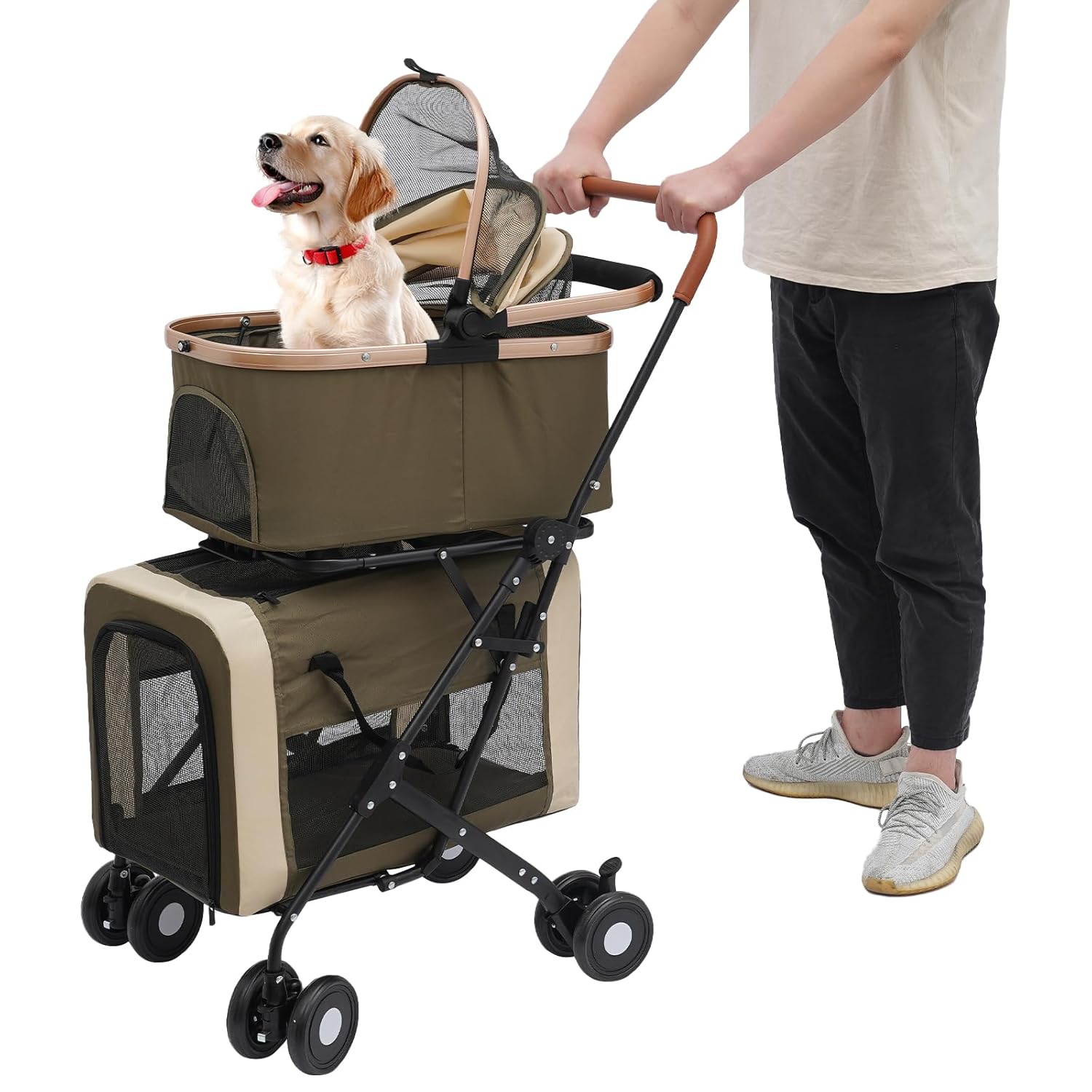 Double Pet Stroller with Detachable Carriers, Large Cat & Dog Stroller with 4 Wheels, Foldable Pet Strollers Small & Medium Dogs Cats 77lbs (Dark Green)