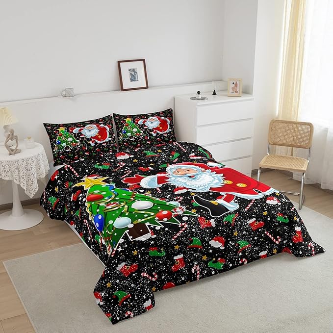 Feelyou Merry Christmas Comforter Set Santa Claus Christmas Tree Galaxy Red Black Bedding Quilt,Soft Warm Lightweight,Queen Size for Girls Boys Kids 1 Comforter + 2 Pillow Cases Boys