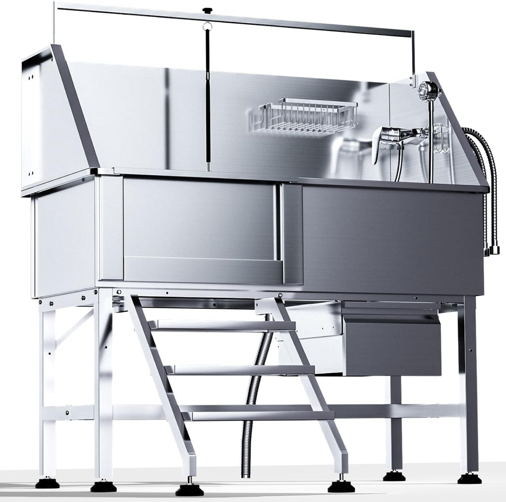 Professional 46" Dog Washing Station, Stainless Steel Dog Bathing Station, Height Adjustable Dog Wash Station, Storage Drawer, Upgrade Parts, Home, Commercial (Left Step)