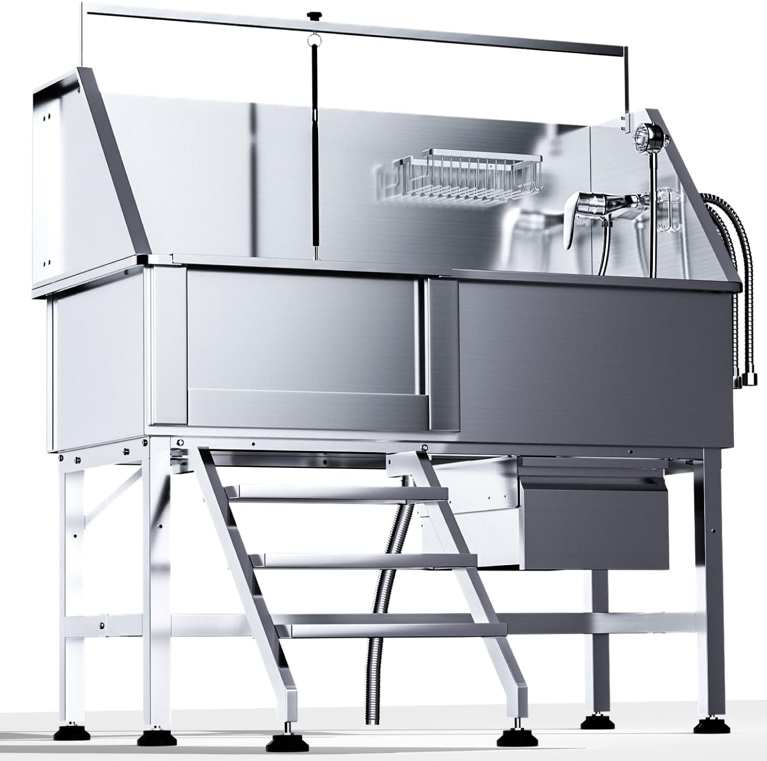 Professional 46" Dog Washing Station, Stainless Steel Dog Bathing Station, Height Adjustable Dog Wash Station, Storage Drawer, Upgrade Parts, Home, Commercial (Left Step)