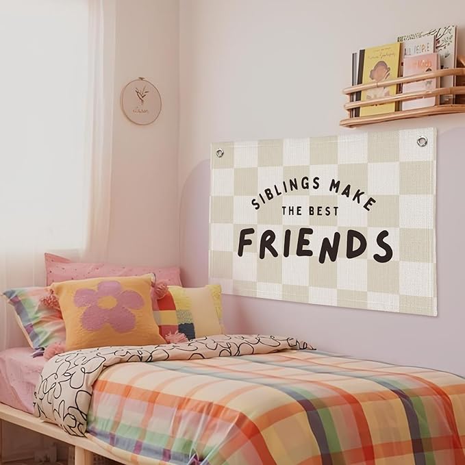 Playroom Nursery Decor, Siblings Make The Best Friends Banner, Linen Canvas Banner Wall Hanging Flag Decor for Toddler Kids Boys Girls Room 20x30