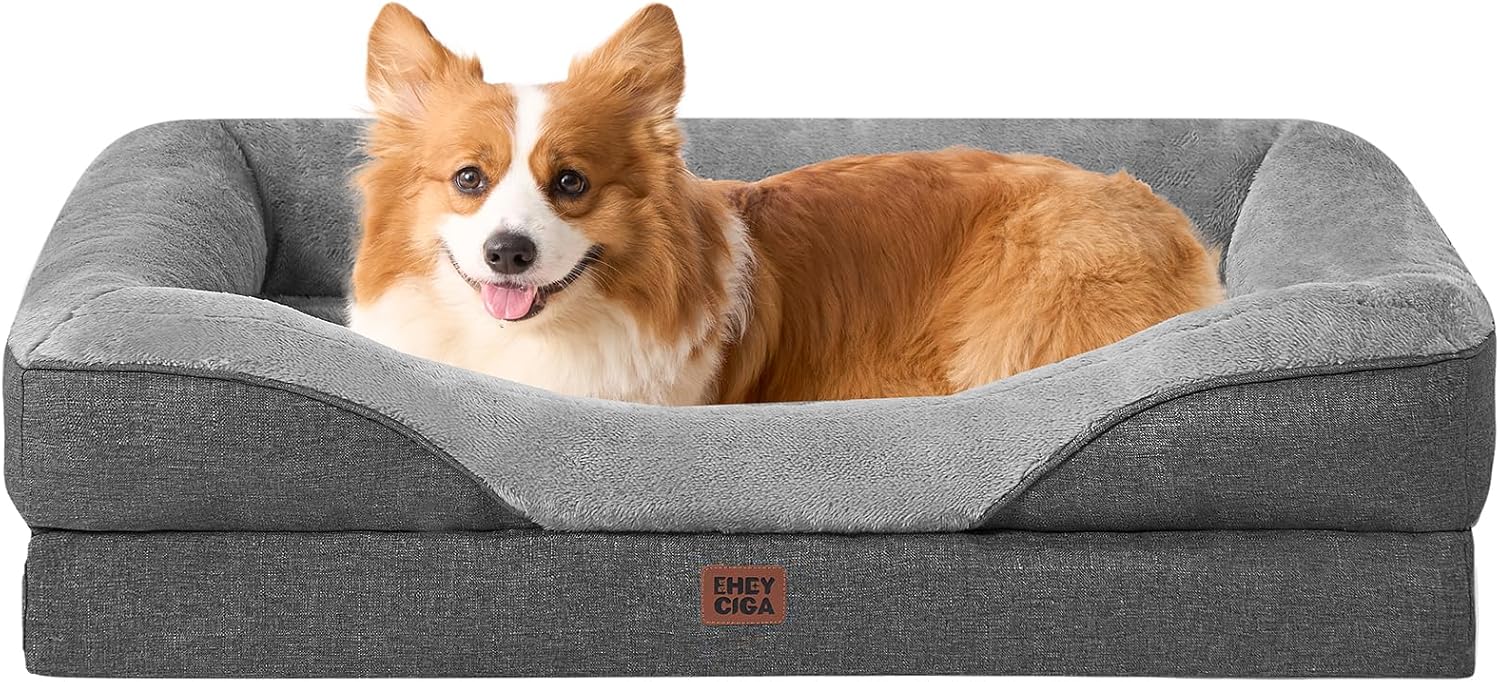 EHEYCIGA Memory Foam Dog Bed for Medium Size, Orthopedic Dog Sofa with Sides and Waterproof Liner, Washable Bolster Pet Couch with Removable Cover, 35x22x6.5 Inch, Grey