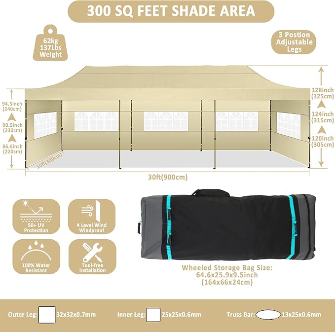 COBIZI 10x30 Pop Up Canopy with 8 Sidewall,Heavy Duty UPF 50+ All Season Wind Waterproof Commercial Outdoor Wedding Party Tents for Parties Canopy Gazebo with Roller Bag(10 x 30 ft Khaki)