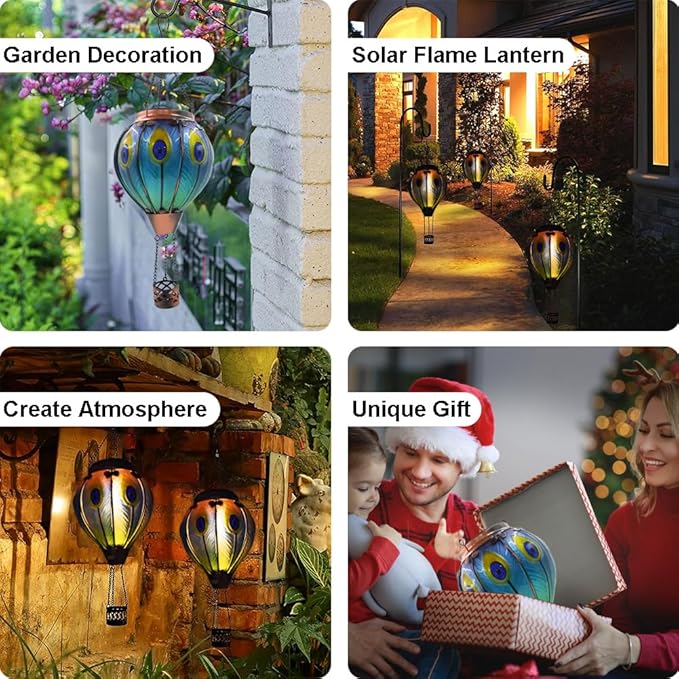 Solar Hot Air Balloon Lanterns with Flame with Shepherd's Hooks, Glass Hanging Flickering Lights Outdoor Waterproof for Garden Tree Yard Patio Mother's Day Gift, 18" H Peacock-Blue