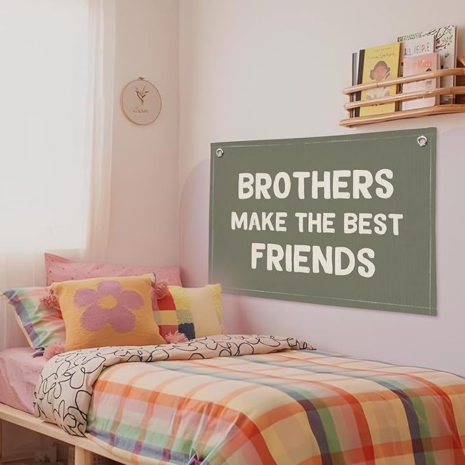 Boy Room Decor, Brothers Make The Best Friends Toddler Room Banner, Linen Canvas Banner Wall Hanging Flag Decor for Nursery Playroom 20x30 Inch